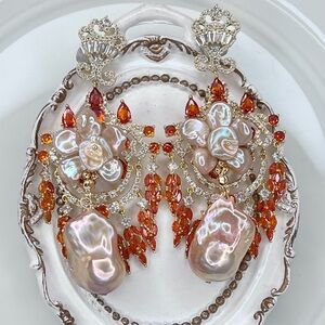 🔥🔥 Handmade Premium Freshwater Keshi Flameball Pearl 🌺 Crystal Earrings